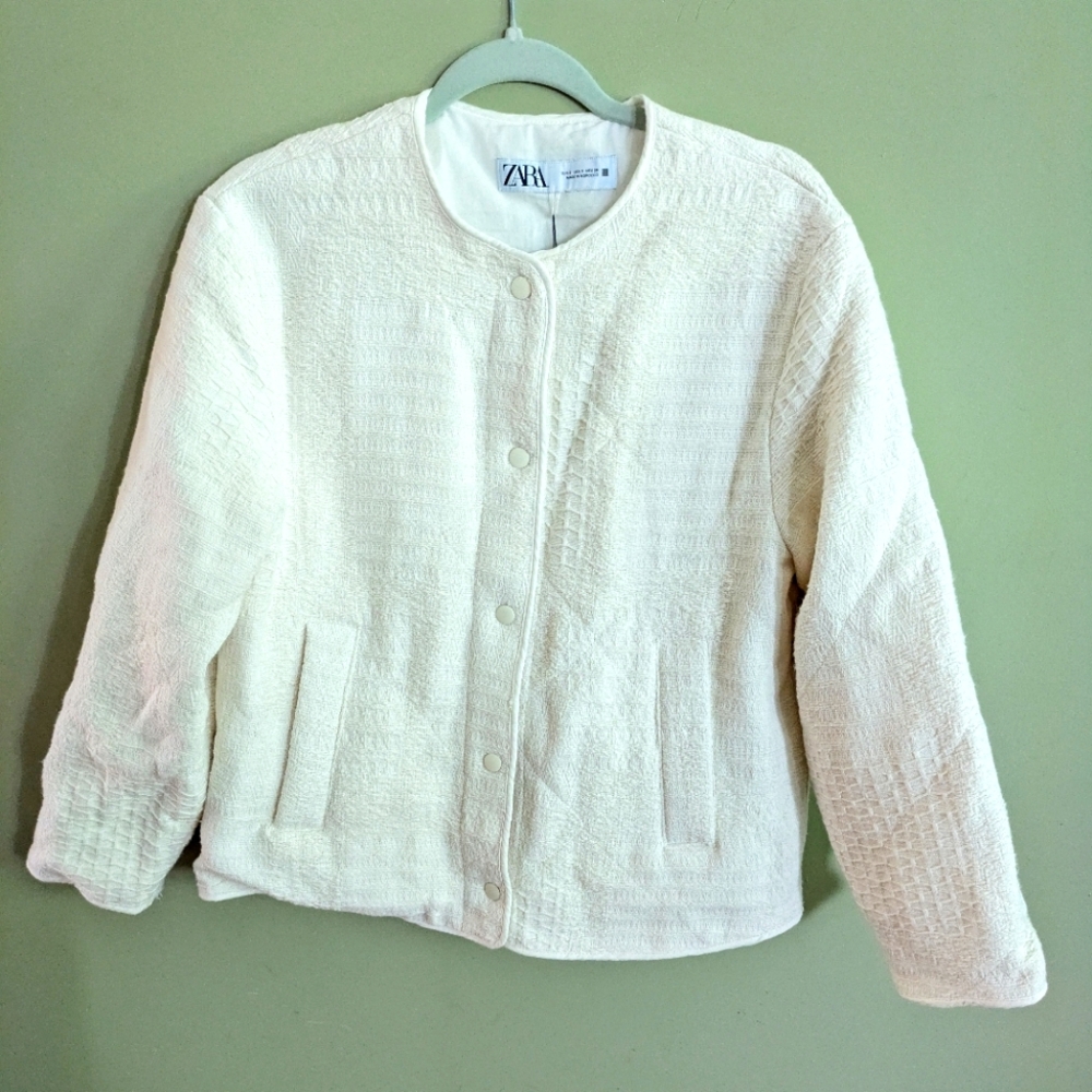 Zara Womens Cream Ivory Quilted Jacket  Women's Small Snap Button‎ Pockets NWTN